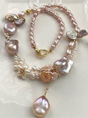 N307- Premium Natural Sakura Pink Pearl,Flameball Pearl Flower Braided Necklace